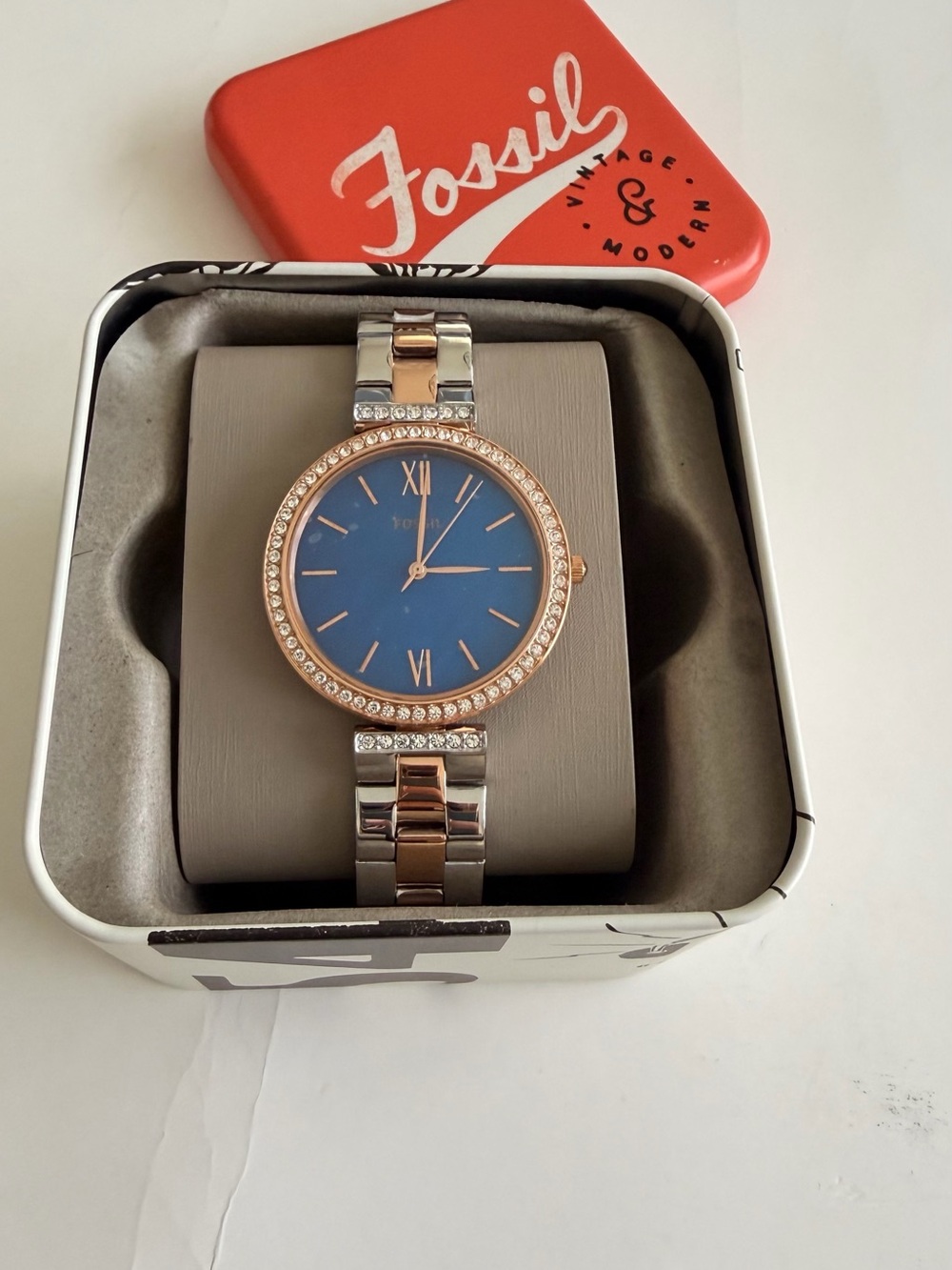 Fossil Two-Tone Rose Gold & Silver Watch with Blue Dial